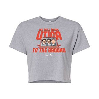 Juniors' The Office Burn Utica Cropped Tee