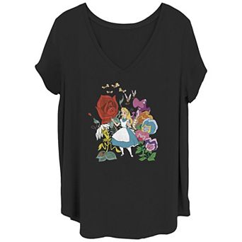 Disney's Alice In Wonderland Juniors' Plus Size Alice In The Flowers V-Neck Tee