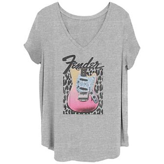 Juniors' Plus Size Fender Grunge Cheetah Print Electric Guitar V-Neck Tee