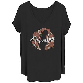 Juniors' Plus Size Fender Floral Circle Guitar Silhouette V-Neck Tee