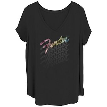 Juniors' Plus Size Fender Checker & Psychedelic Typography V-Neck Tee
