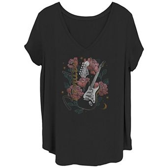 Juniors' Plus Size Fender Floral Strat Guitar Poster V-Neck Tee