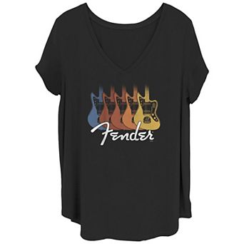 Juniors' Plus Size Fender Retro Rainbow Telecaster Logo V-Neck Tee