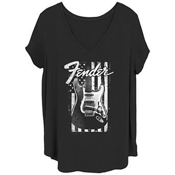 Juniors' Plus Size Fender Flag & Guitar Poster V-Neck Tee