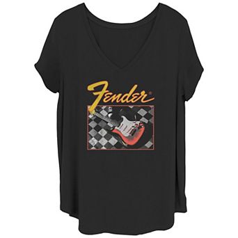 Juniors' Plus Size Fender Checkered Guitar Retro Poster V-Neck Tee