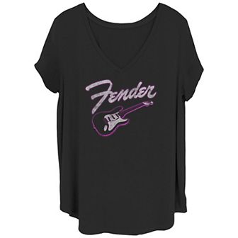 Juniors' Plus Size Fender Neon Strat Logo V-Neck Tee