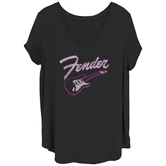 Juniors' Plus Size Fender Neon Strat Logo V-Neck Tee