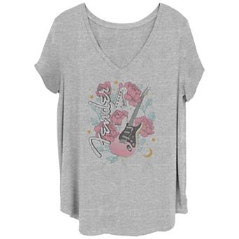 Juniors' Plus Size Fender Floral Strat Redux Sketch V-Neck Tee