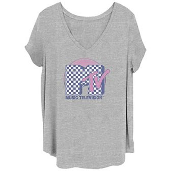 Juniors' Plus Size MTV Checkered Pattern Sunset Color Fill Logo V-Neck Graphic Tee