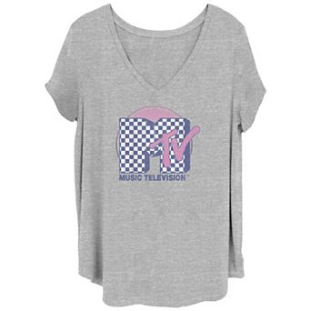 Juniors' Plus Size MTV Checkered Pattern Sunset Color Fill Logo V-Neck Graphic Tee
