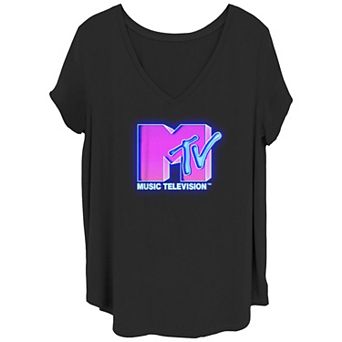 Juniors' Plus Size MTV Hot Pink And Blue Neon Sign Logo V-Neck Graphic Tee