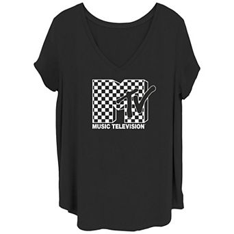 Juniors' Plus Size MTV Checkered Flag Fill Logo V-Neck Graphic Tee