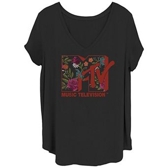 Juniors' Plus Size MTV Floral Logo V-Neck Graphic Tee