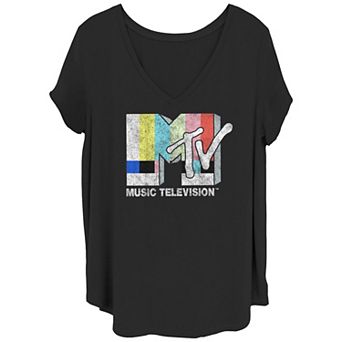 Juniors' Plus Size MTV Vintage TV Signal Logo V-Neck Graphic Tee