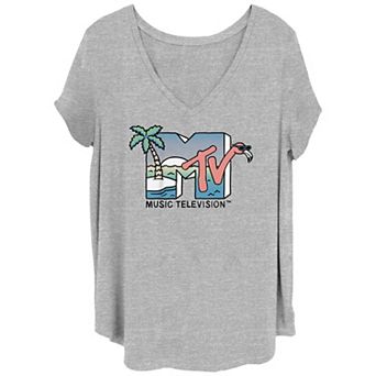 Juniors' Plus Size MTV Island Flamingo Palm Tree Logo V-Neck Graphic Tee