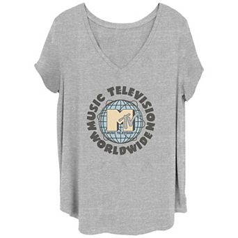 Juniors' Plus Size MTV Music Television Worldwide Logo V-Neck Graphic Tee