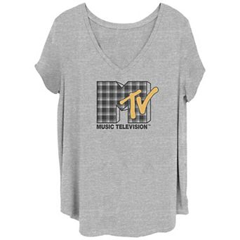 Juniors' Plus Size MTV Black and White Plaid Logo V-Neck Graphic Tee