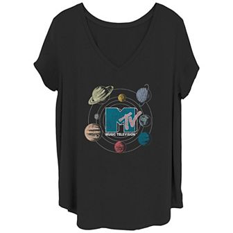 Juniors' Plus Size MTV Orbiting Solar System MTV Logo V-Neck Graphic Tee