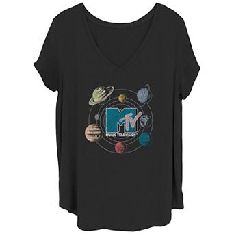 Juniors' Plus Size MTV Orbiting Solar System MTV Logo V-Neck Graphic Tee