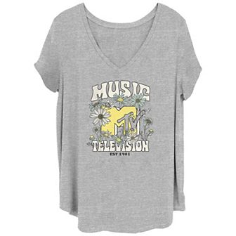 Juniors' Plus Size MTV Music Television EST 1981 Flowers Logo V-Neck Graphic Tee