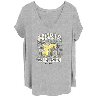 Juniors' Plus Size MTV Music Television EST 1981 Flowers Logo V-Neck Graphic Tee