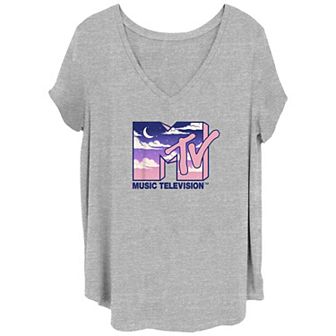 Juniors' Plus Size MTV Music Television Cloudy Night Logo Fill V-Neck Graphic Tee