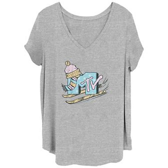 Juniors' Plus Size MTV Music Television Snow Ski Logo V-Neck Graphic Tee
