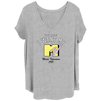 Juniors' Plus Size MTV Music Television I Want My MTV NY Maroon Logo V-Neck Graphic Tee