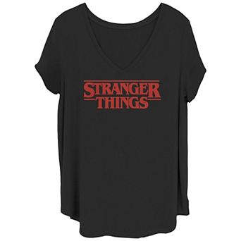 Juniors' Plus Size Stranger Things Solid Logo Left Chest V-Neck Graphic Tee