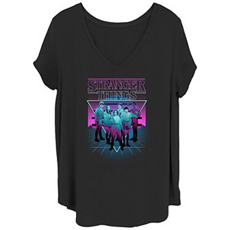 Juniors' Plus Size Stranger Things Group Shot Neon Triangle V-Neck Graphic Tee