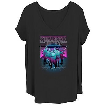 Juniors' Plus Size Stranger Things Group Shot Neon Triangle V-Neck Graphic Tee