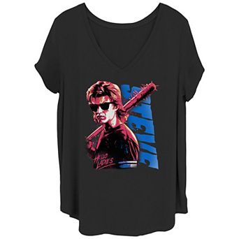 Juniors' Plus Size Stranger Things Stevie Splatter Punk Hello Ladies V-Neck Graphic Tee