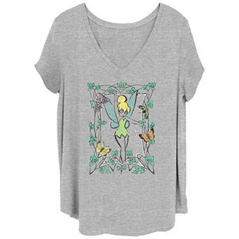 Disney's Tinker Bell Juniors' Plus Size Butterfly Frame Water Color V-Neck Graphic Tee