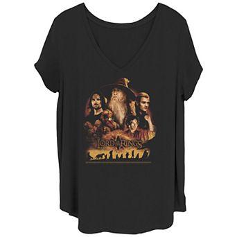 Juniors' Plus Size The Lord Of The Rings Group Shot Character Head Silhouette V-Neck Graphic Tee