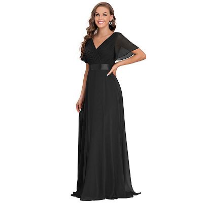 Long Chiffon Empire Waist Bridesmaid Dress with Short Flutter Sleeves