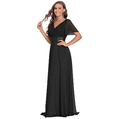 Long Chiffon Empire Waist Bridesmaid Dress with Short Flutter Sleeves