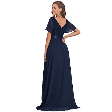 Long Chiffon Empire Waist Bridesmaid Dress with Short Flutter Sleeves