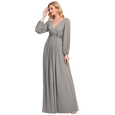 Elegant Chiffon V-Neckline Long Sleeve Formal Evening Dress