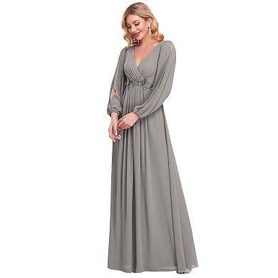 Elegant Chiffon V-Neckline Long Sleeve Formal Evening Dress