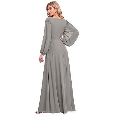 Elegant Chiffon V-Neckline Long Sleeve Formal Evening Dress