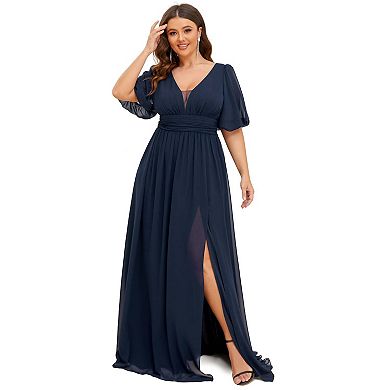 Chiffon Illusion V-Neck Flutter Sleeve Front Slit Evening Dress