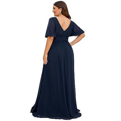 Chiffon Illusion V-Neck Flutter Sleeve Front Slit Evening Dress