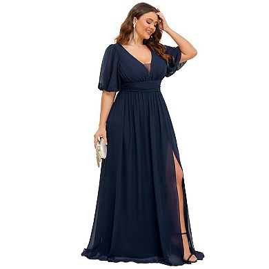 Chiffon Illusion V-Neck Flutter Sleeve Front Slit Evening Dress