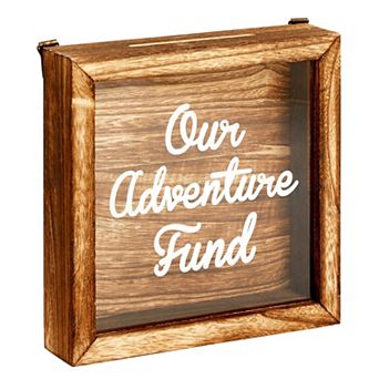 Our Adventure Honeymoon Fund Box for Wedding Gift, Wooden Travel Piggy Bank, 7x7