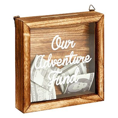 Our Adventure Travel Fund Bank for Adults, Rustic Wooden Honeymoon Piggy Bank for Wedding Gift (7 x 7 In)