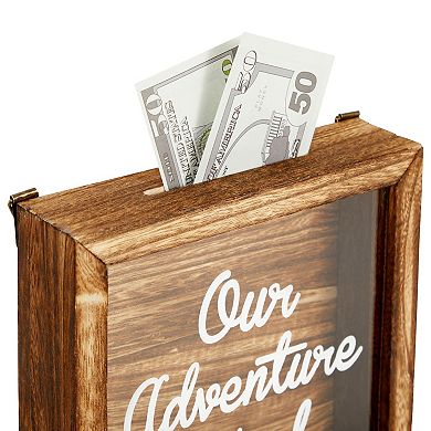 Our Adventure Honeymoon Fund Box for Wedding Gift, Wooden Travel Piggy Bank, 7x7