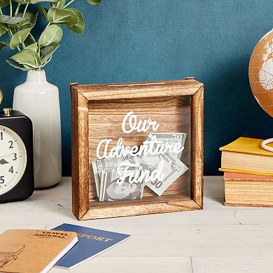 Our Adventure Honeymoon Fund Box for Wedding Gift, Wooden Travel Piggy Bank, 7x7