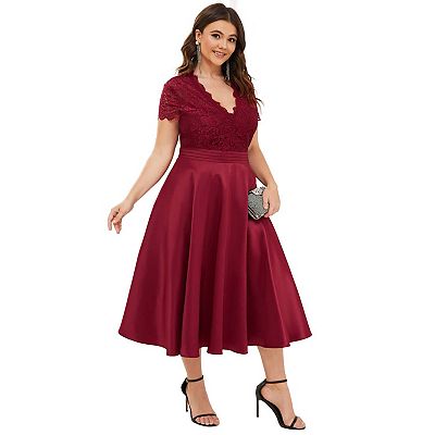 Romantic V neck Lace Bodice Wedding Guest Dress with Pockets