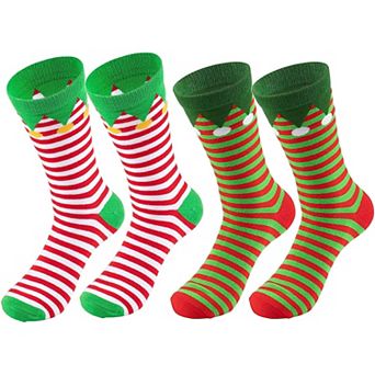 Christmas Elf Socks, Holiday Striped Crew Socks for Men and Women (Unisex, 2 Pairs)