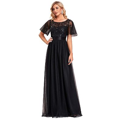 Plus Size Women's Embroidery Evening Dresses with Short Sleeve